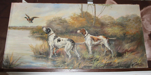 XXL 39" Long oil canvas French antique painting hunting dogs forest signed 1930