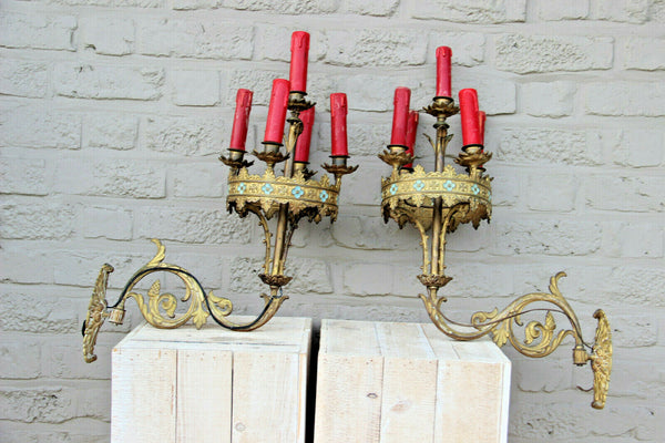 RARE PAIR French antique bronze church religious Wall lights sconces neo gothic