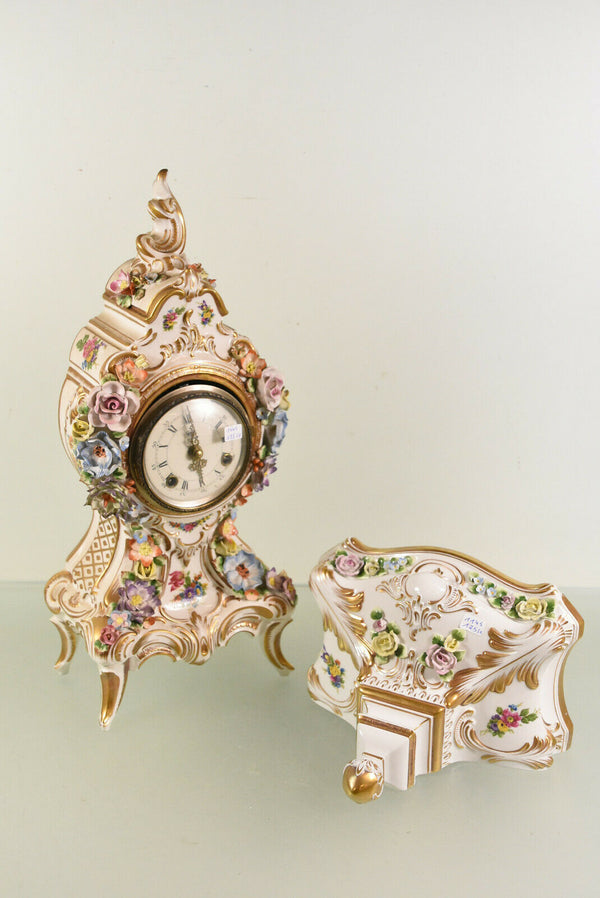 German Dresden porcelain clock with console majolica flower signed
