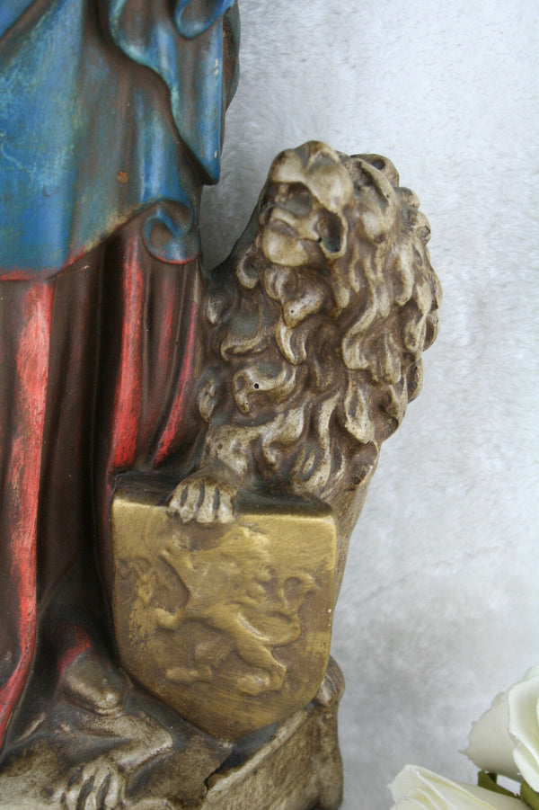 Antique XL Madonna of Flanders lion snake statue figurine plaster polychrome