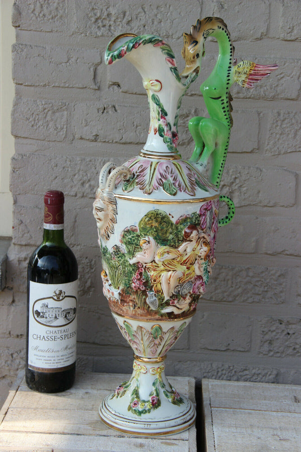 Rare Italian Capodimonte marked porcelain Ewer pitcher vase putti dragon gothic