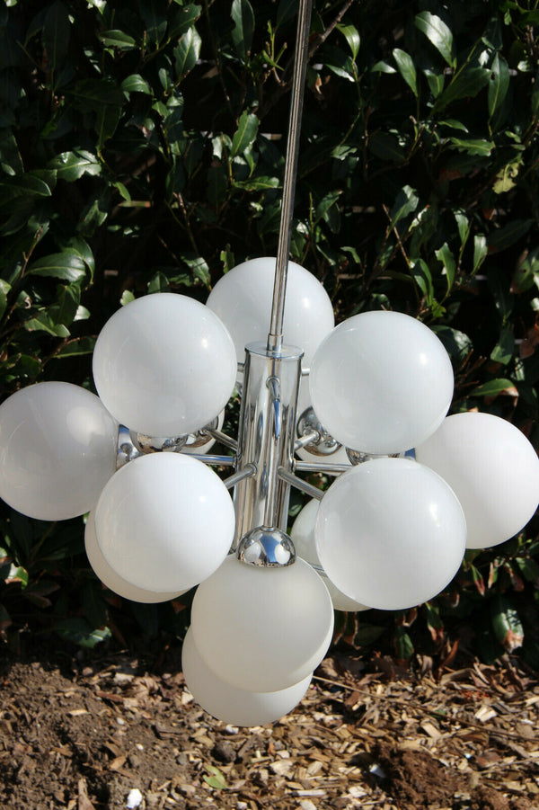 XL 13 GLOBES opaline SPUTNIK ATOMIC Mid century retro chandelier pendant chrome