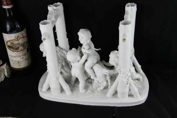 XL Antique French bisque porcelain neo classical putti cherubs ram group columns