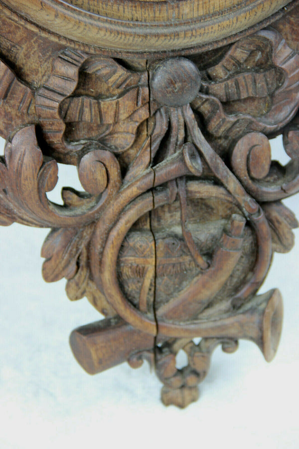 XL Antique BLACK FOREST wood carved wall clock hunt bird deer horn floral