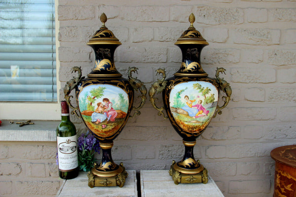 XL pair French porcelain de sevres Vases bronze dragons gothic Rare