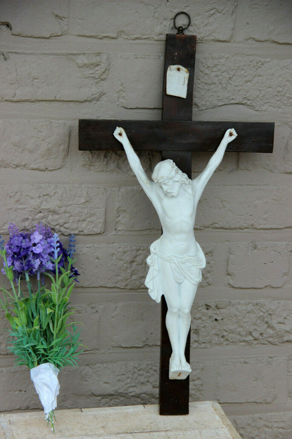 Antique french wood bisque porcelain christ crucifix religious