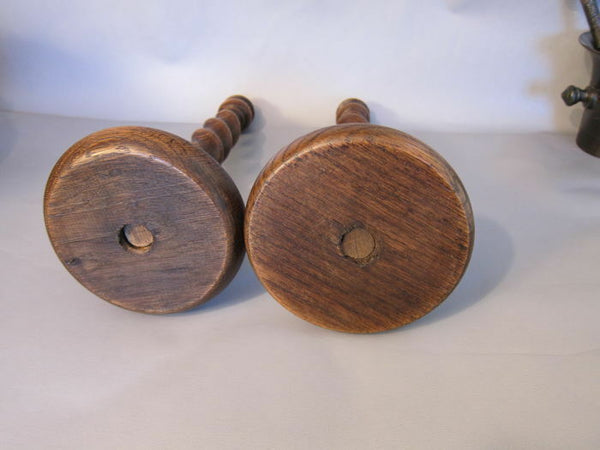 Antique pair Rustic English Oak Wood Candlesticks Barley twist candle holder