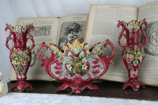 Antique French 1900 art nouveau Barbotine Majolica Vases Set center piece
