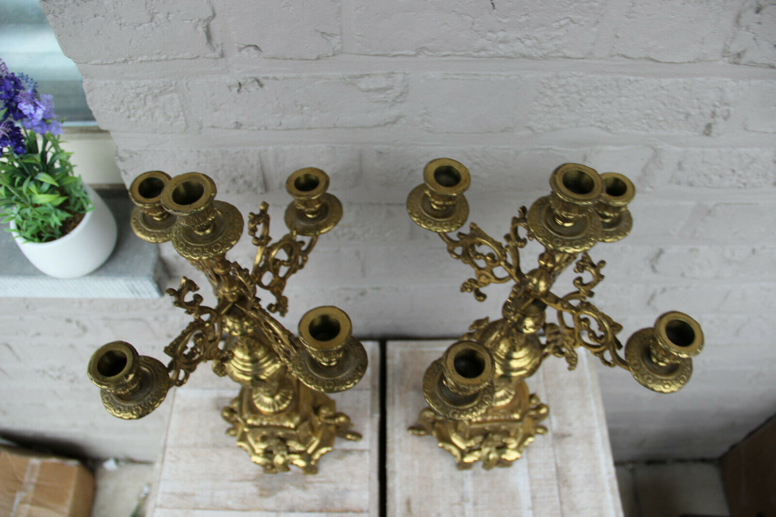 Vintage French Antique Pair of Gothic Bronze Candlesticks Candle