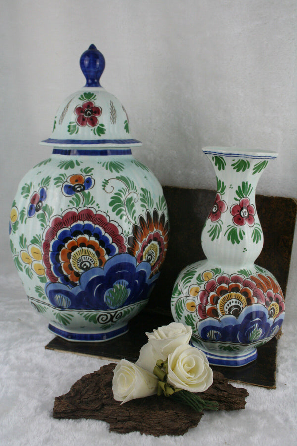 Antique pair Delft pottery VASES set polychrome coloured marked