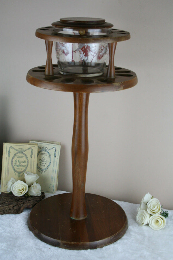 Vintage 60's Tobacco glass hunting jar smoking stand pipe holder rack wood