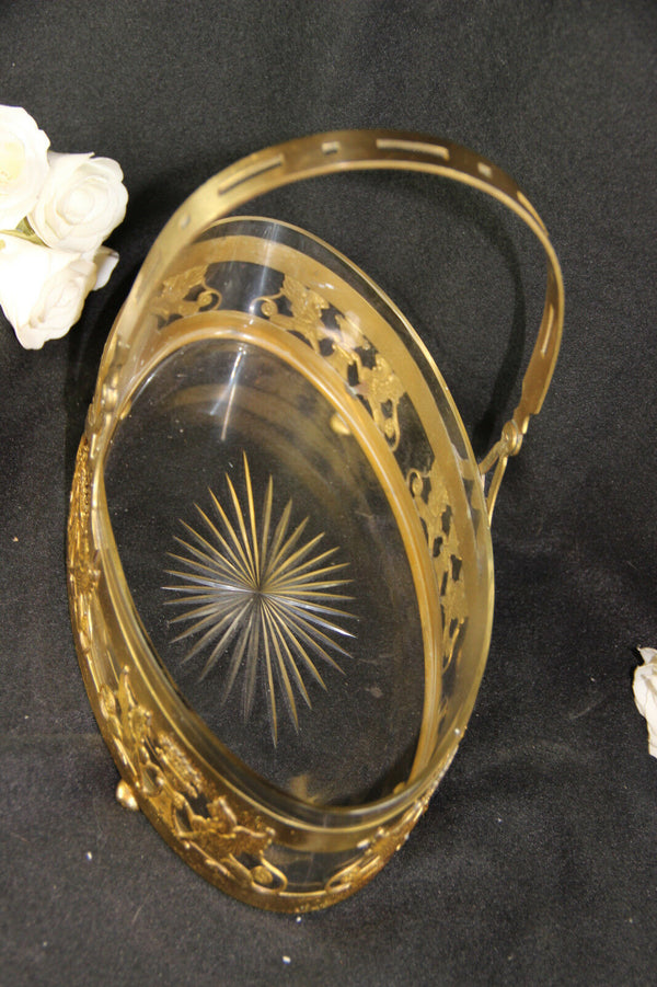 Original French 1950 empire Brass lions Centerpiece table glass