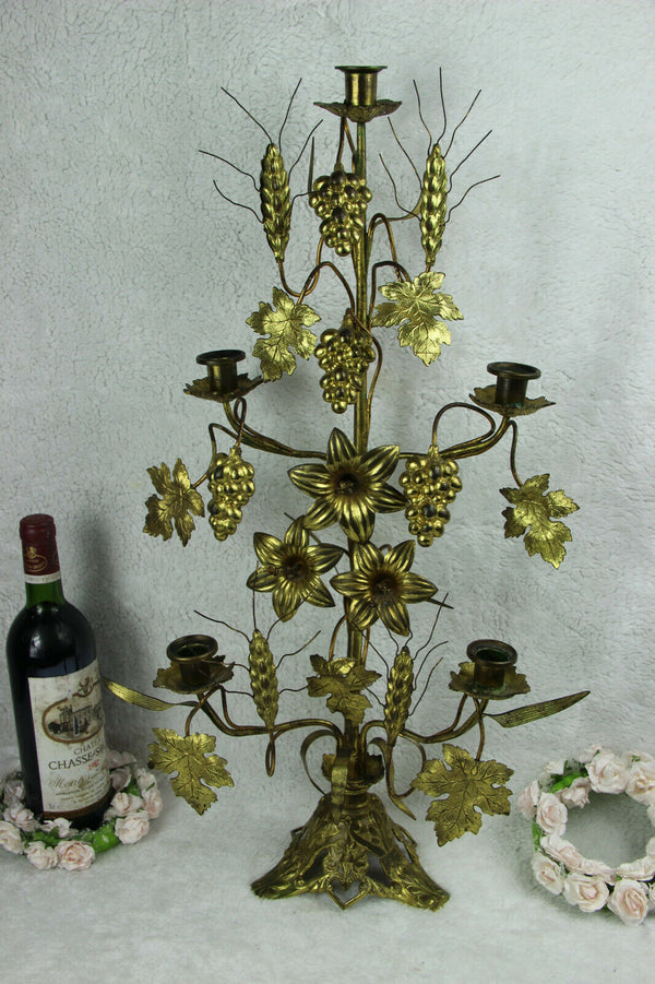 Antique XL church brass Candle holder candlestick 5 arms floral decor