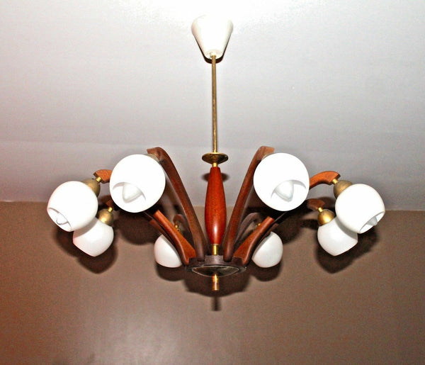 Mid century Scandinavian teak wood Brass 8 arms opaline glass chandelier 60s