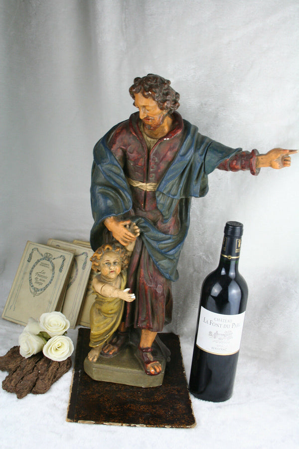 French XL 1900 Plaster Religious Jesus Christ child polychrome statue figurine