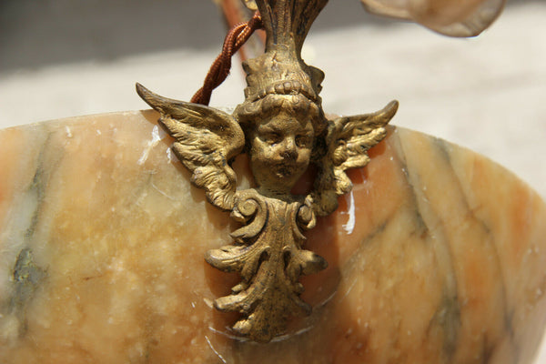 Antique French art nouveau Alabaster amber bowl Caryatid putti heads chandelier