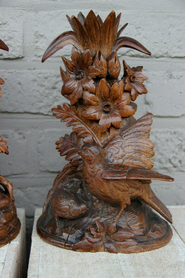 PAIR antique Black forest wood carved partridge birds statue figurines