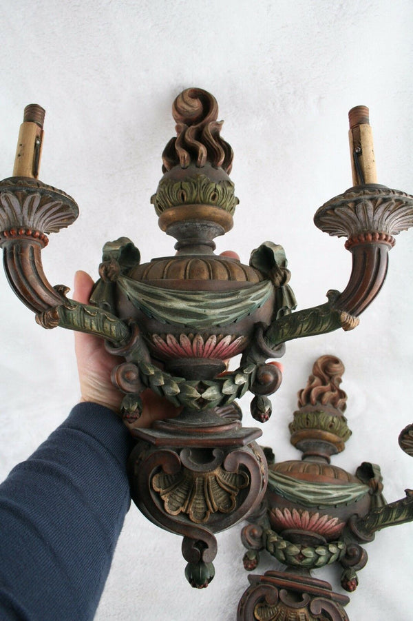 PAIR rare italian wood carved polychrome 1920 Sconces wall lights 2 arms
