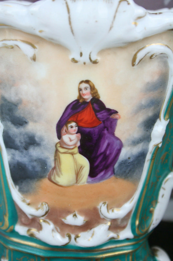 PAIR antique 1900 vieux old paris porcelain Religious Jesus Madonna vases scenes