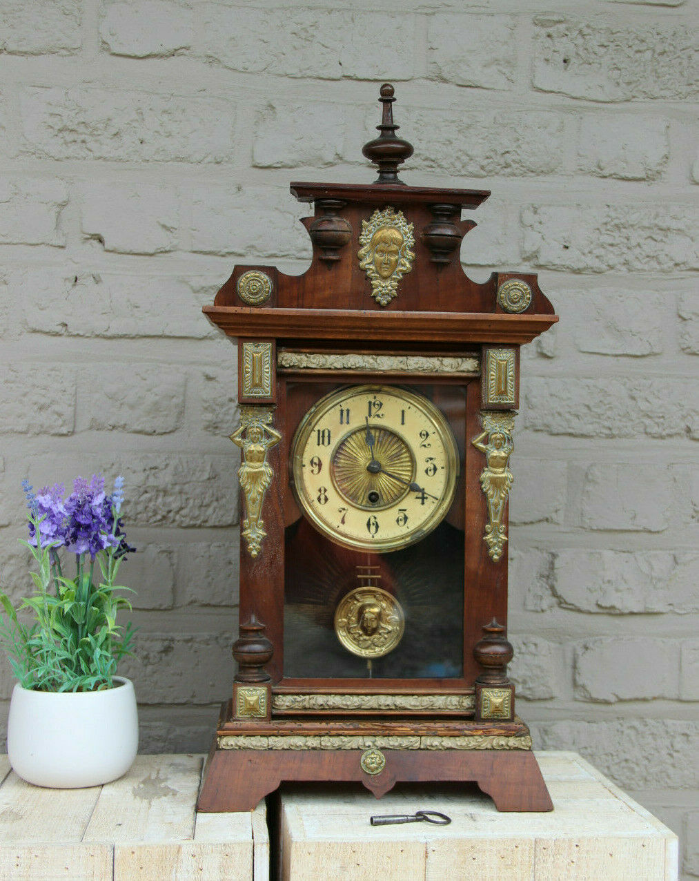 Antique Wood carved junghans clock caryatid figurines ornaments