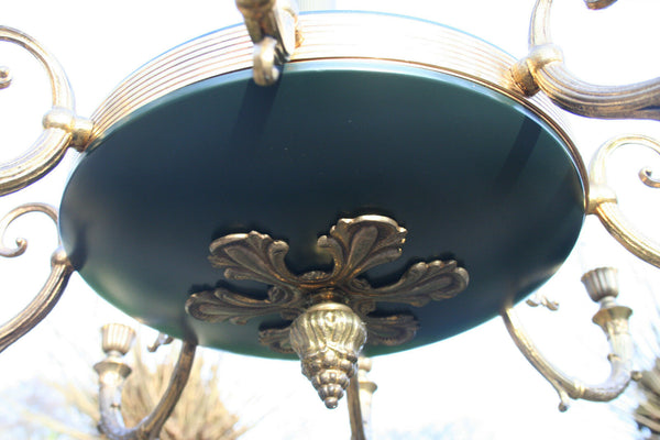 gorgeous French 1950 Chandelier Empire Green tole brass