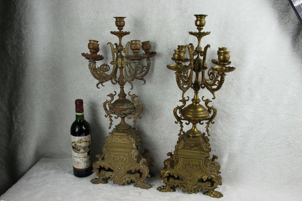 Antique PAIR Huge Bronze dragon gothic Candle holder candelabras lion paws
