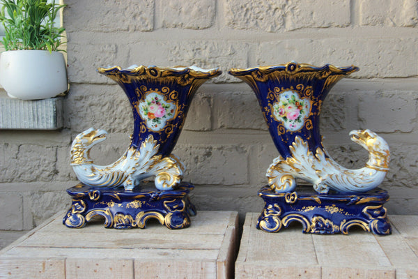 Antique french pair Vieux paris porcelain floral  eagle head bird attr j petit