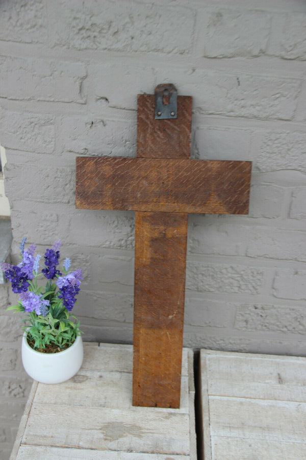 LARGE french antique Brass Wood Christ crucifix cross religious