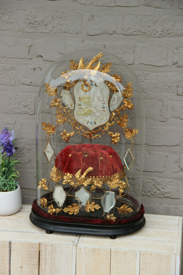 Antique Victorian Bridal wedding dome Globe Glass mirror enamel bird