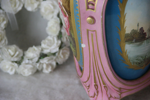 Pair antique French sevres porcelain vases romantic decor marked 19thc