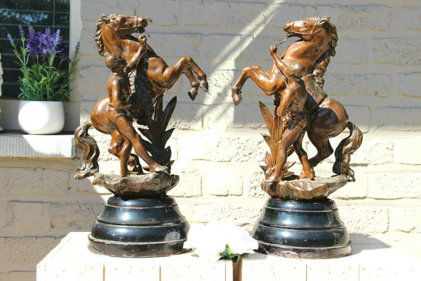 PAIR antique spelter Bronze patina marly horses by Coustou wood base