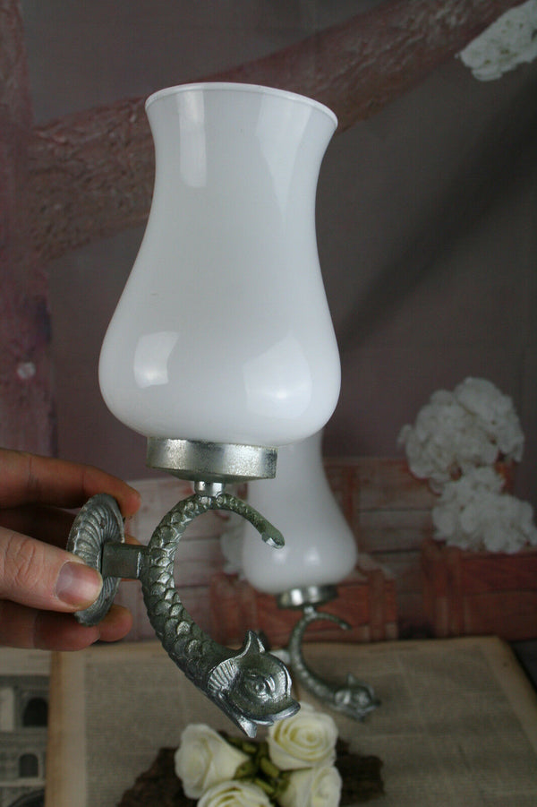PAIR French empire fish dolphin wall lights sconces silver patina