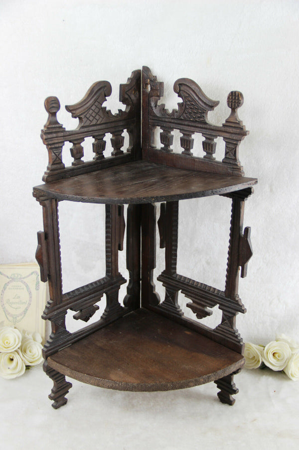 Rare German black forest style wood carved Rack console w photo frame 2 level