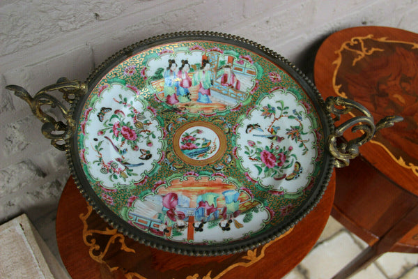 Gorgeous Canton chinese porcelain plate Bronze frame lion paws centerpiece bowl