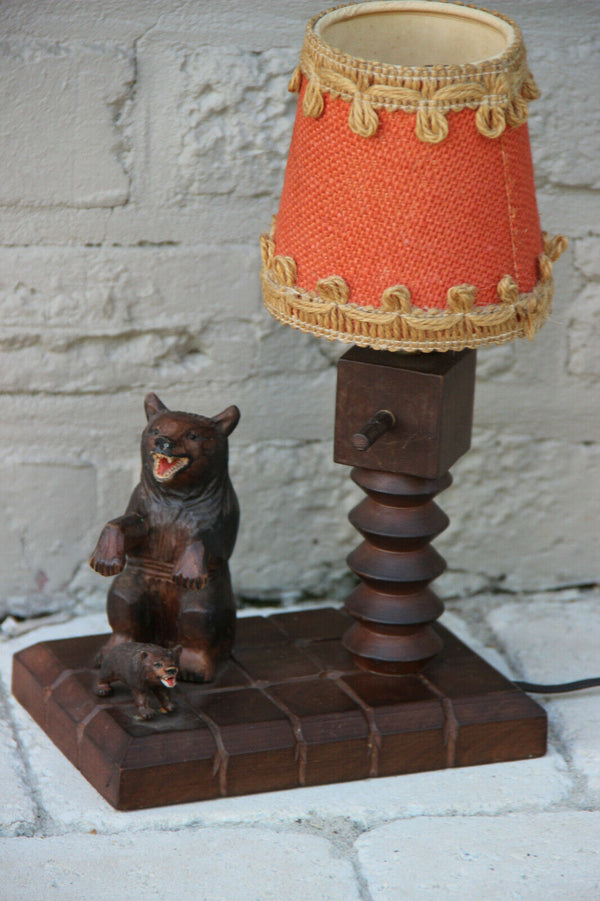 Antique black Forest Wood carved Bear mom Baby Table lamp German 1920s