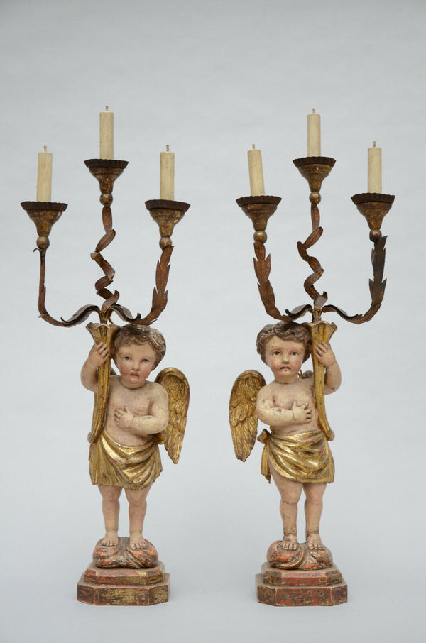 PAIR 34.6"  XL antique wood carved putti Angel religious Figurine statue lamps