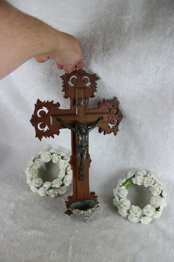 Antique French wood carved crucifix holy water font