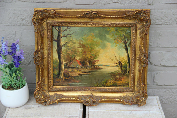 Vintage flemish oil panel painting signed 1970s house at waterfront