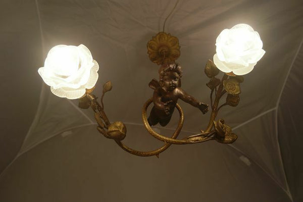 Antique French putti angel Bronze rose flower Glass tulip shades chandelier lamp