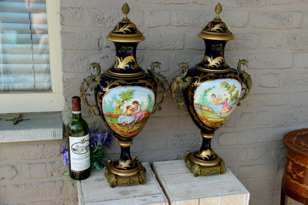 XL pair French porcelain de sevres Vases bronze dragons gothic Rare