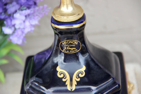 Pair French Limoges cobalt blue Victorian romantic scene Vases 1960 marked