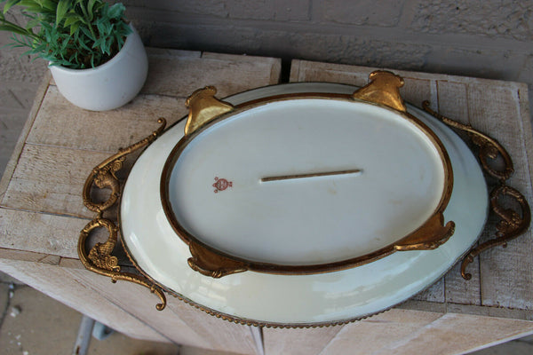Antique French Centerpiece bowl tray in Sevres porcelain victorian bronze frame