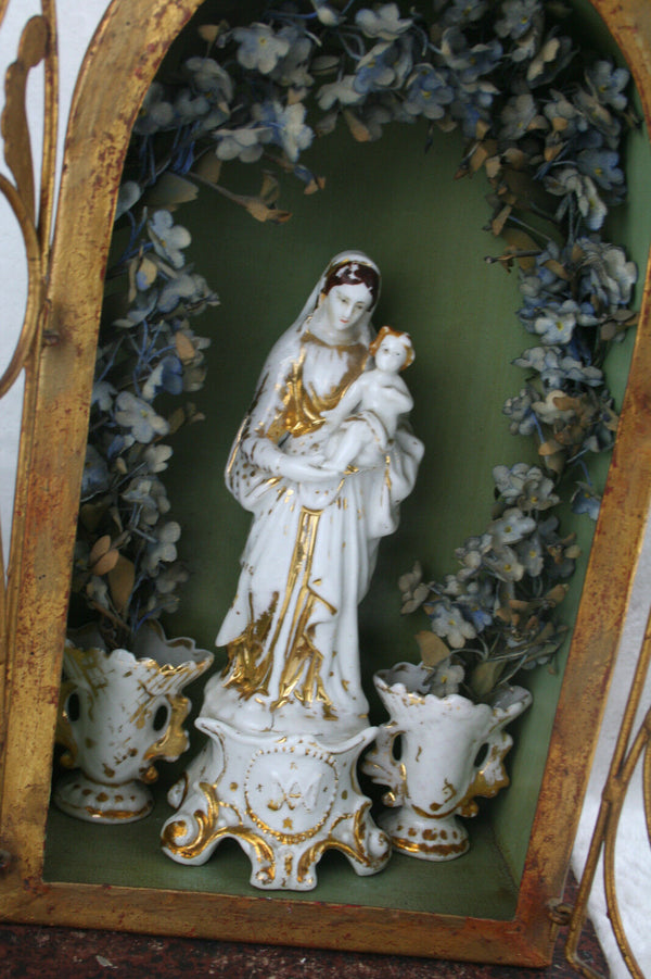 Antique 1925 old paris madonna porcelain in shrine chapel matching vases silk fl