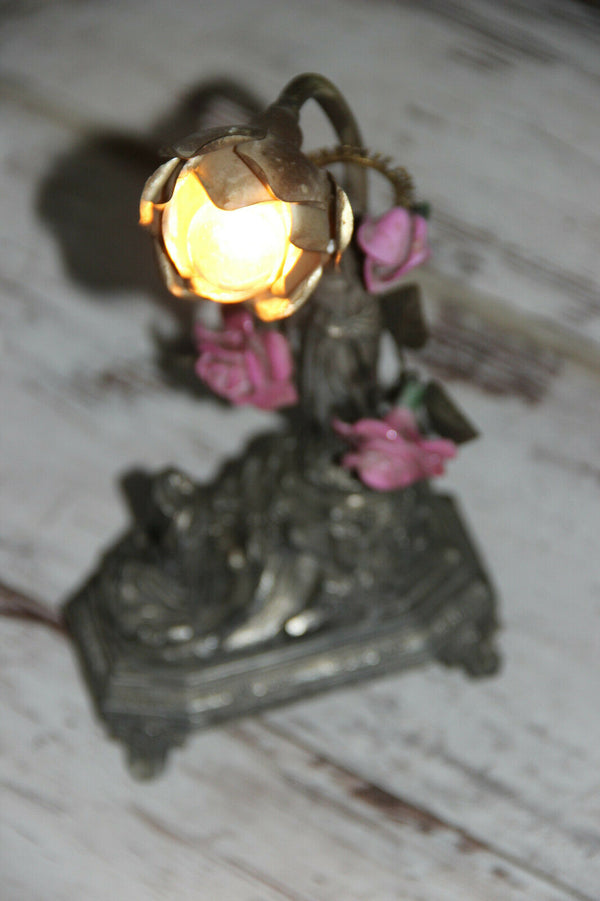 Antique French Notre dame LOURDES Spelter music box porcelain flowers lamp