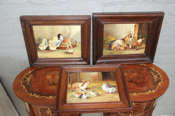 Set 3 Antique French oil panel animal farm chicken goat rabbit  painting signed