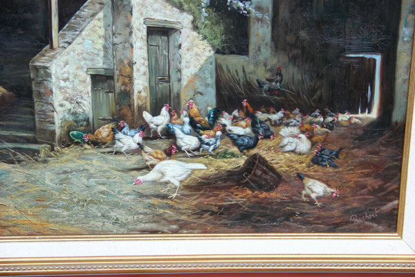 Gorgeous Flemish oil canvas painting Chicken family Farm stable signed