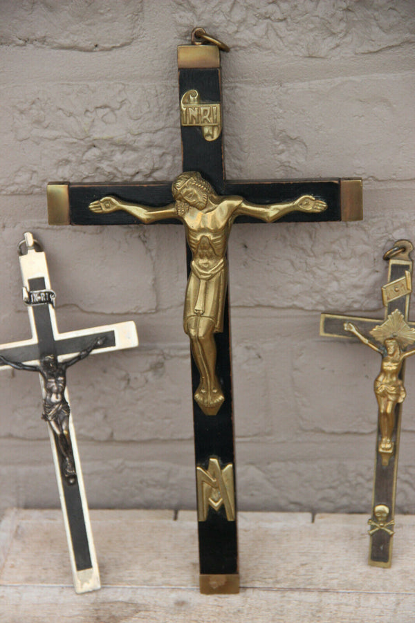 Set 3 antique french religious metal wood crucifix