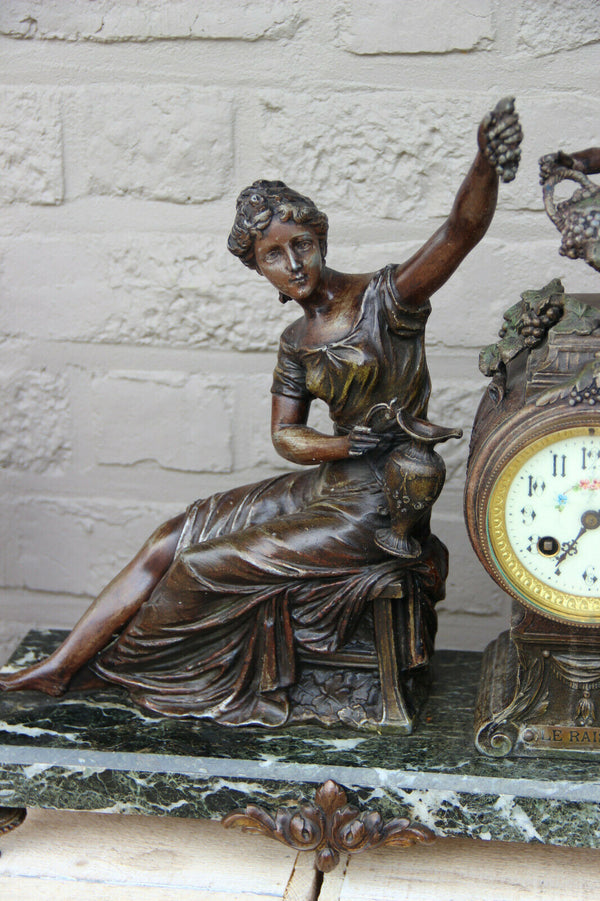 Antique French spelter Bronze group lady putti with grapes clock marble base