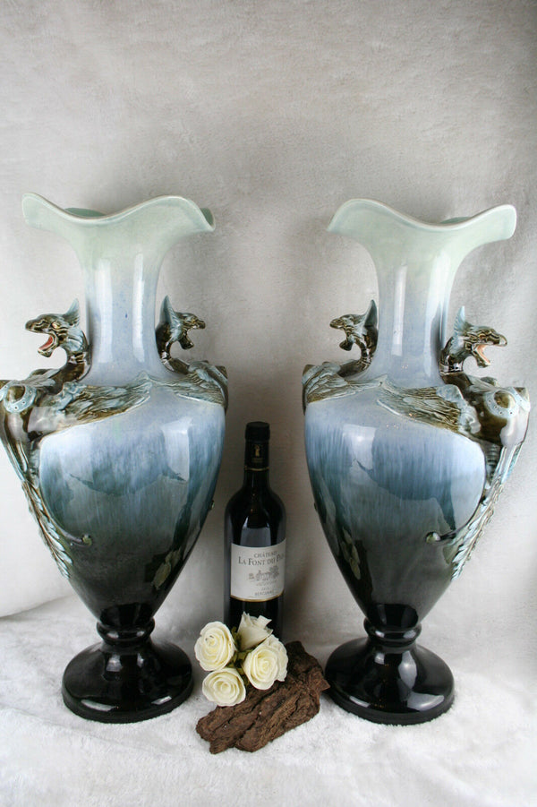 XL unusual PAIR French BARBOTINE majolica Art nouveau 1900 Dragon Vases marked