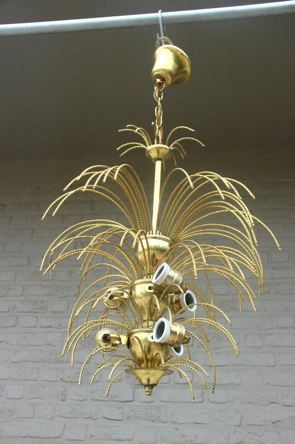 Mid century 1960 brass metal  maison jansen era palm tree chandelier pendant 70s